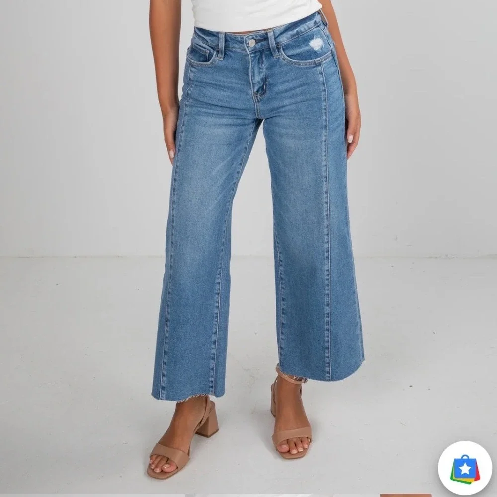 VERVET | Brielle Medium Wash High-Rise Wide Leg Crop Raw Hem Denim Jeans, 27 - Picture 4 of 11